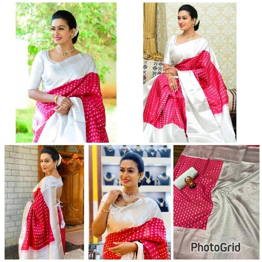 Elegant White and Fuchsia Polka Dot Saree - Brand